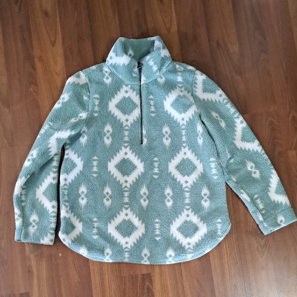 Cozy Aztec Quarter-Zip Turtleneck Sweater - Mint/White. Coastal Grandma.